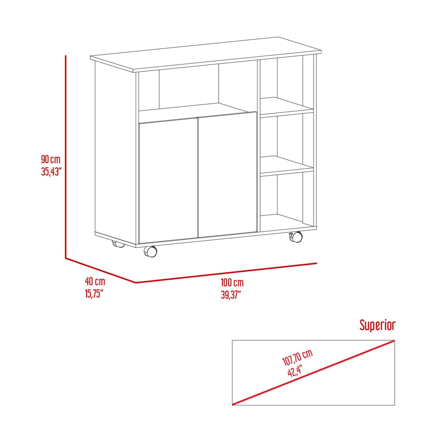 Paprika Kitchen Cart, Four Casters , Four Open Shelves, Double Door Cabinet