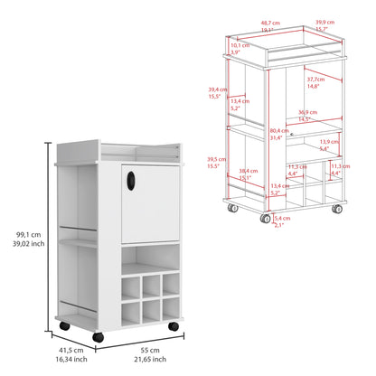 Fargo Bar Cart with Cabinet, 6 Built-in Wine Rack and Casters