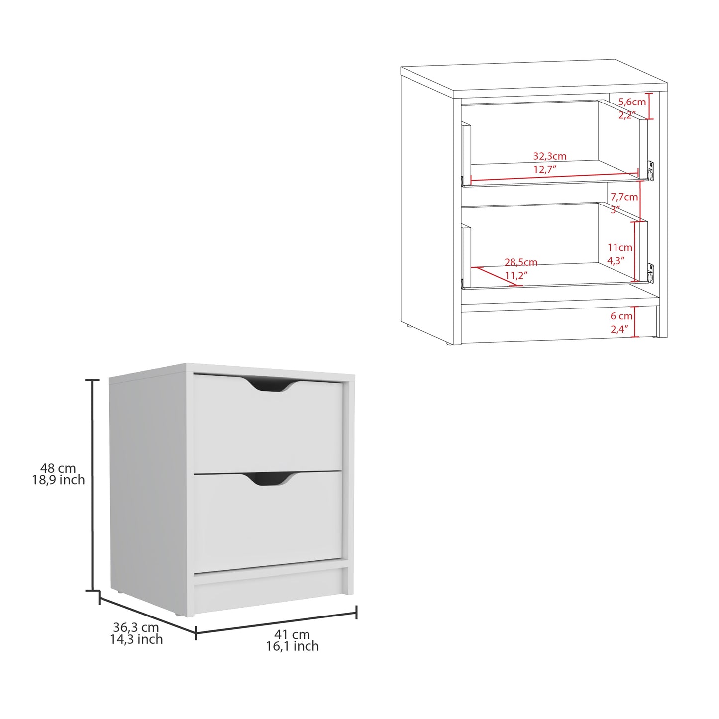Basilea 2 Drawers Nightstand, Pull Out System