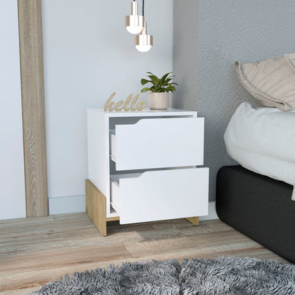 Luss Nightstand, Bedside Table with 2-Drawers, White and Macadamia Finish