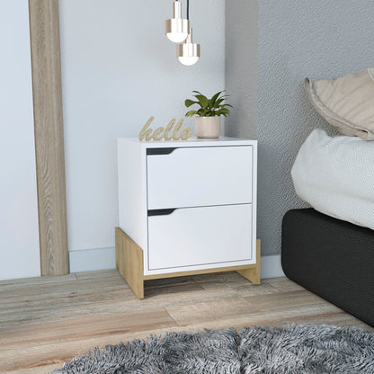 Luss Nightstand, Bedside Table with 2-Drawers, White and Macadamia Finish