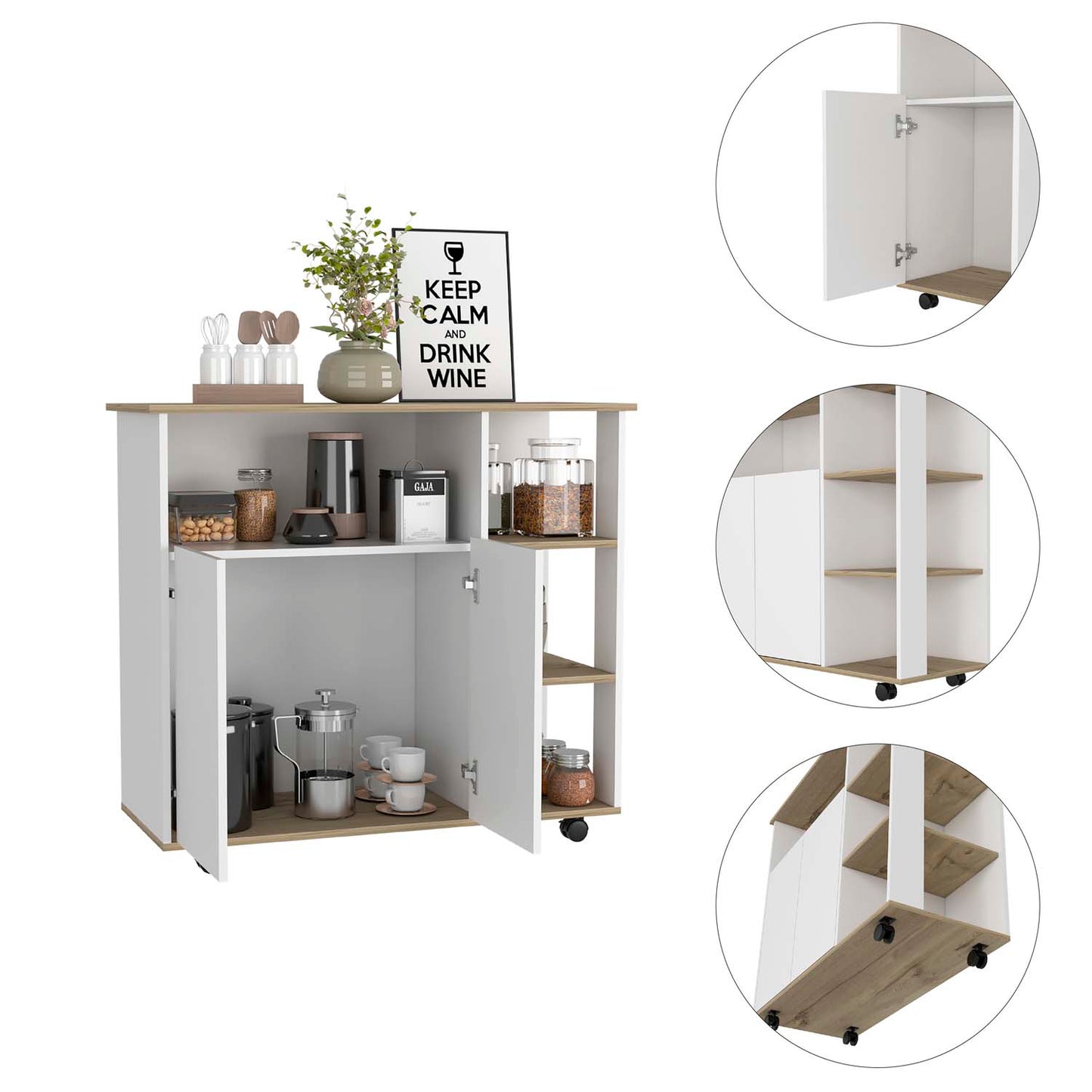 Paprika Kitchen Cart, Four Casters , Four Open Shelves, Double Door Cabinet