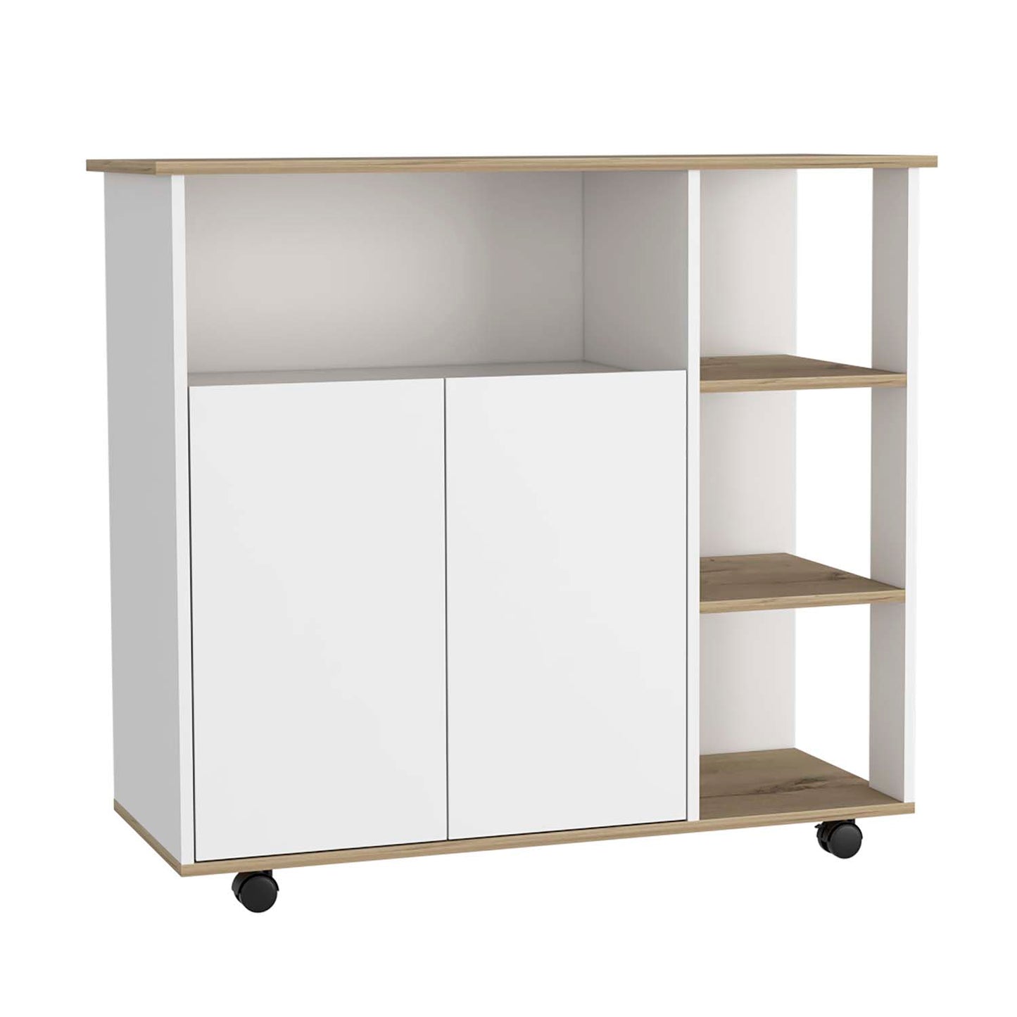 Paprika Kitchen Cart, Four Casters , Four Open Shelves, Double Door Cabinet