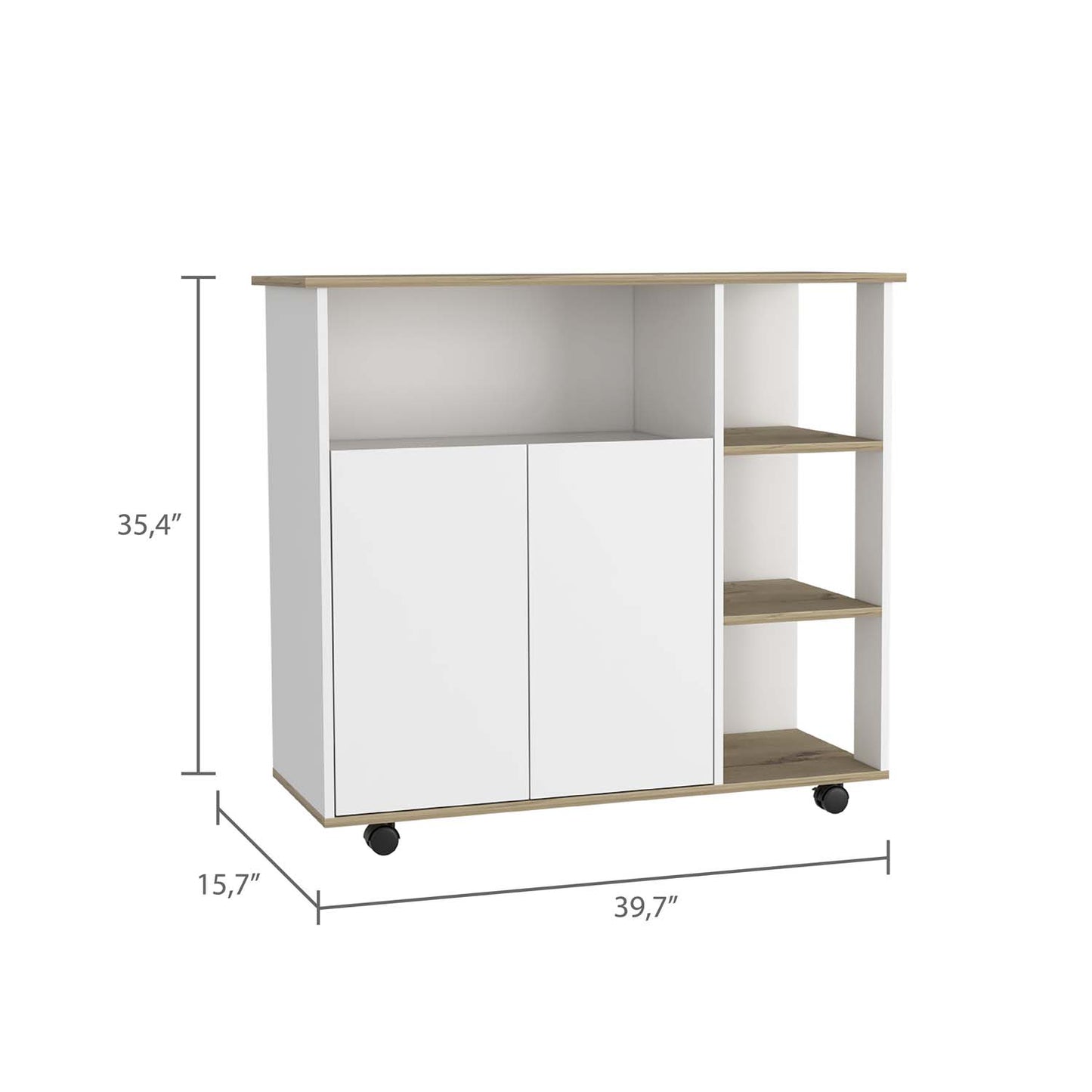 Paprika Kitchen Cart, Four Casters , Four Open Shelves, Double Door Cabinet