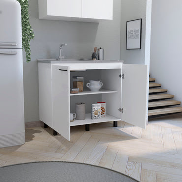 Napoles Utility Sink with Cabinet, Stainless Steel Countertop, Interior Shelf and four legs for Kitchen, Laundry room, Coffe Station