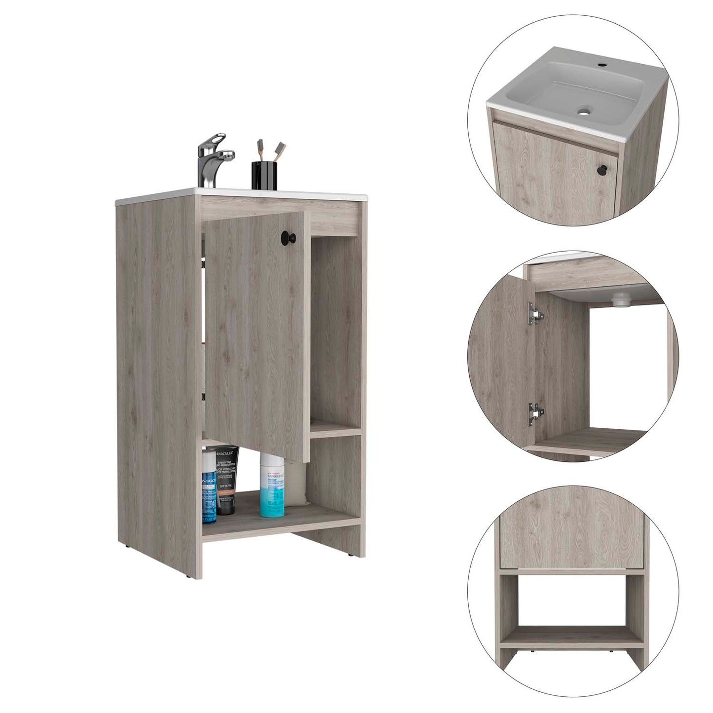 Jane Bathroom Vanity, Single Door Cabinet, Two Shelves