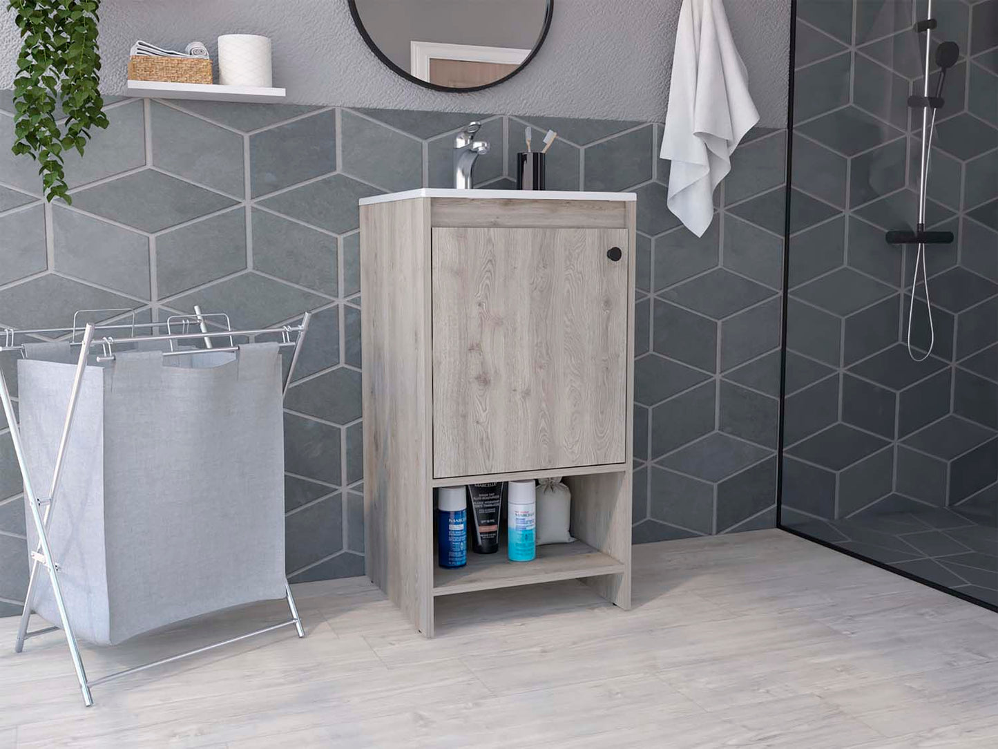 Jane Bathroom Vanity, Single Door Cabinet, Two Shelves