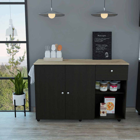 Kitchen Island Cart Victoria, Four Interior Shelves, Six Carters, One Drawer, Double Door Cabinet