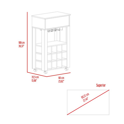 Memphis Bar Cart, Twelve Wine Cubbies, Four Legs, One Open Shelf