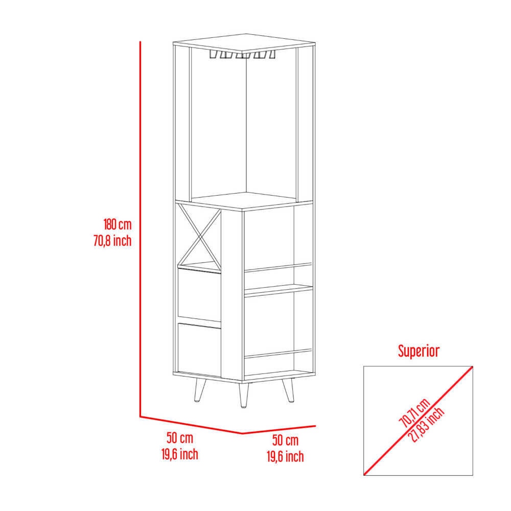 Salem Corner Bar Cabinet, Two External Shelves, Two Drawers, Four Wine Compartments