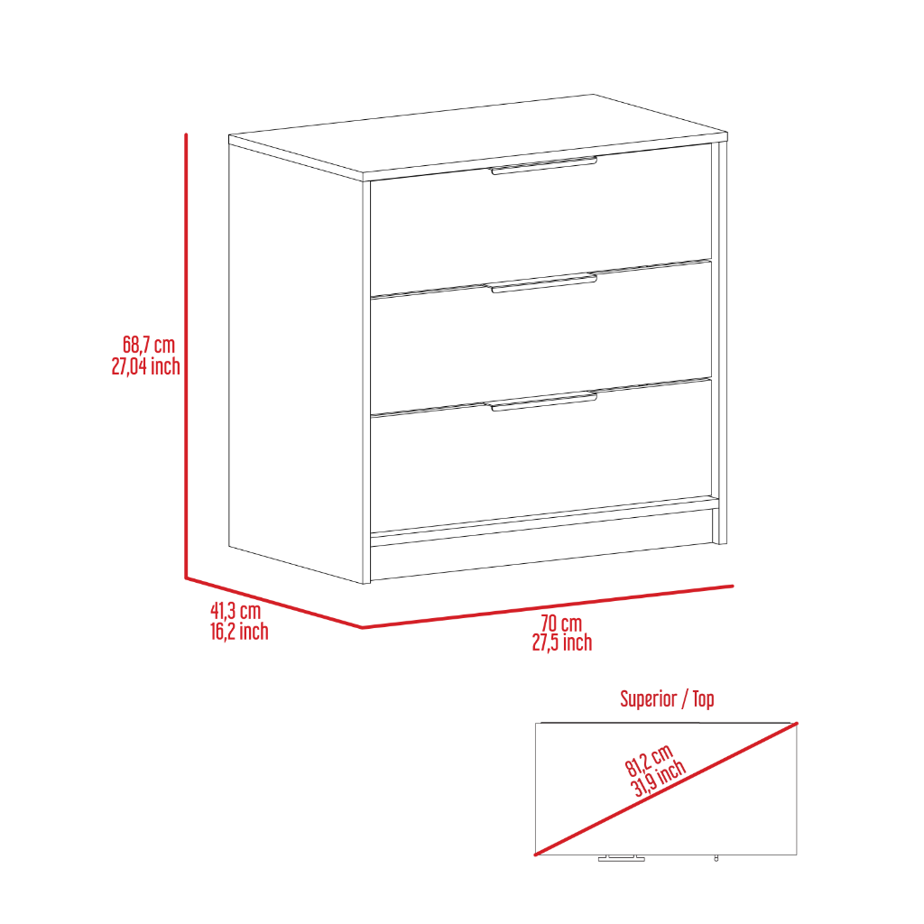 Kaia 3 Drawers Dresser, Superior Top