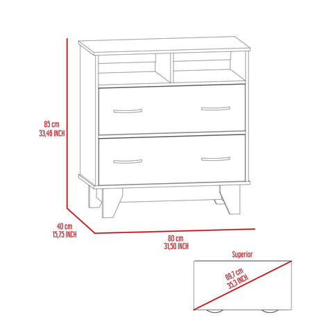 Gentile Double Drawer Dresser, Two Open Shelves, Superior Top