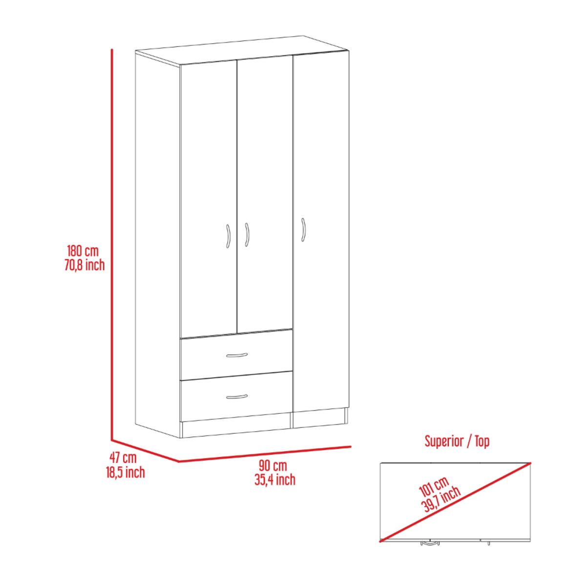 Austral 3 Doors Armoire, Metal Rod, Two Drawers, Three Door Cabinets