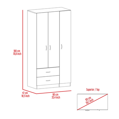 Austral 3 Doors Armoire, Metal Rod, Two Drawers, Single Door, Double Door Cabinets