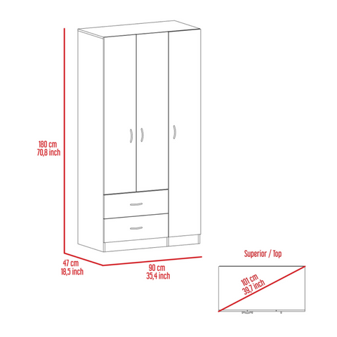 Austral 3 Doors Armoire, Metal Rod, Two Drawers, Single Door, Double Door Cabinets