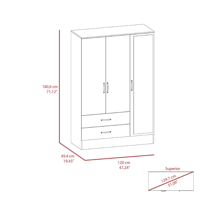 Bolton 120 Mirrored Armoire, Double Door Cabinet, Two Drawers, Single Door With Mirror, Rods