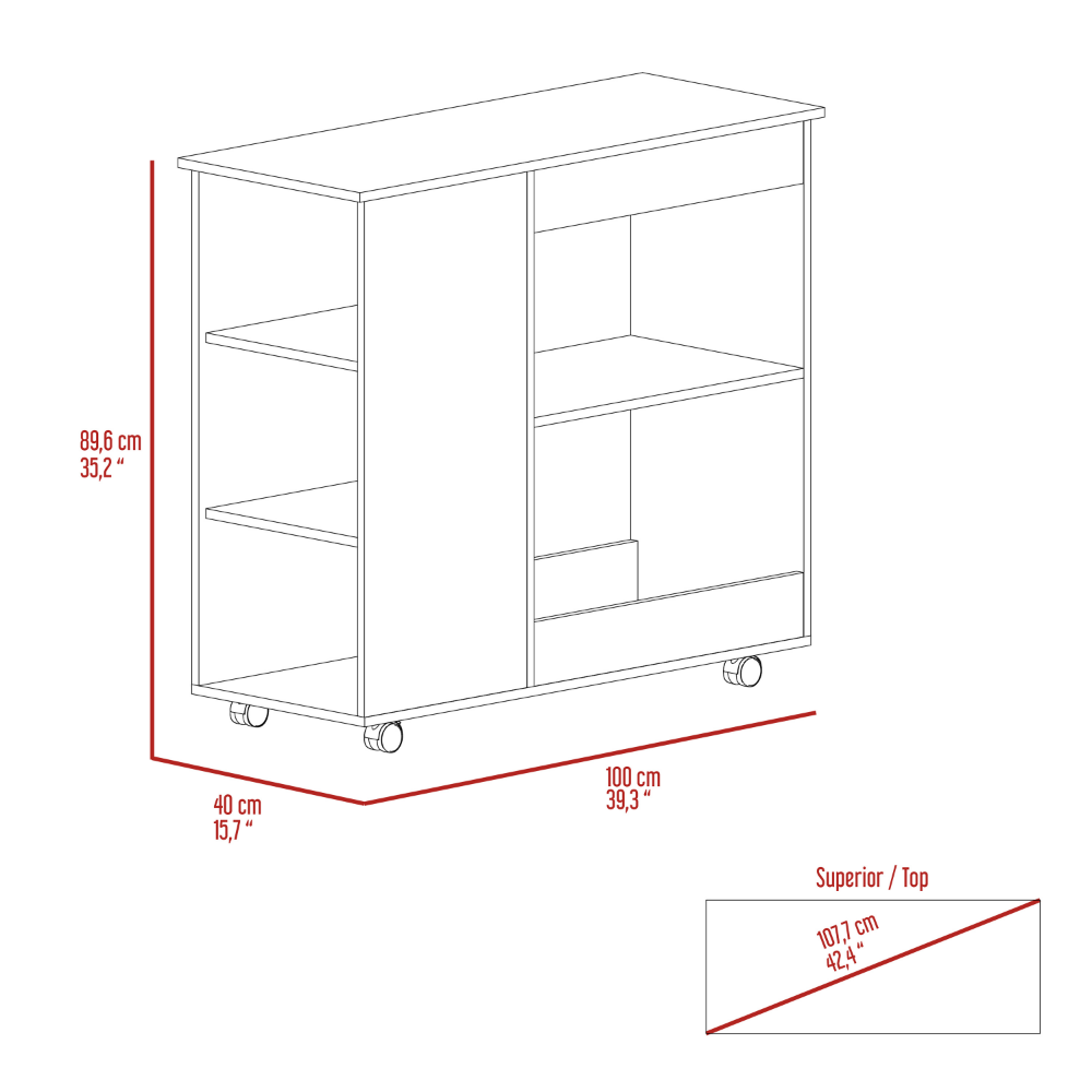 Nigella Kitchen Cart, Two Storage Shelves, Four Casters, Three Side Shelves