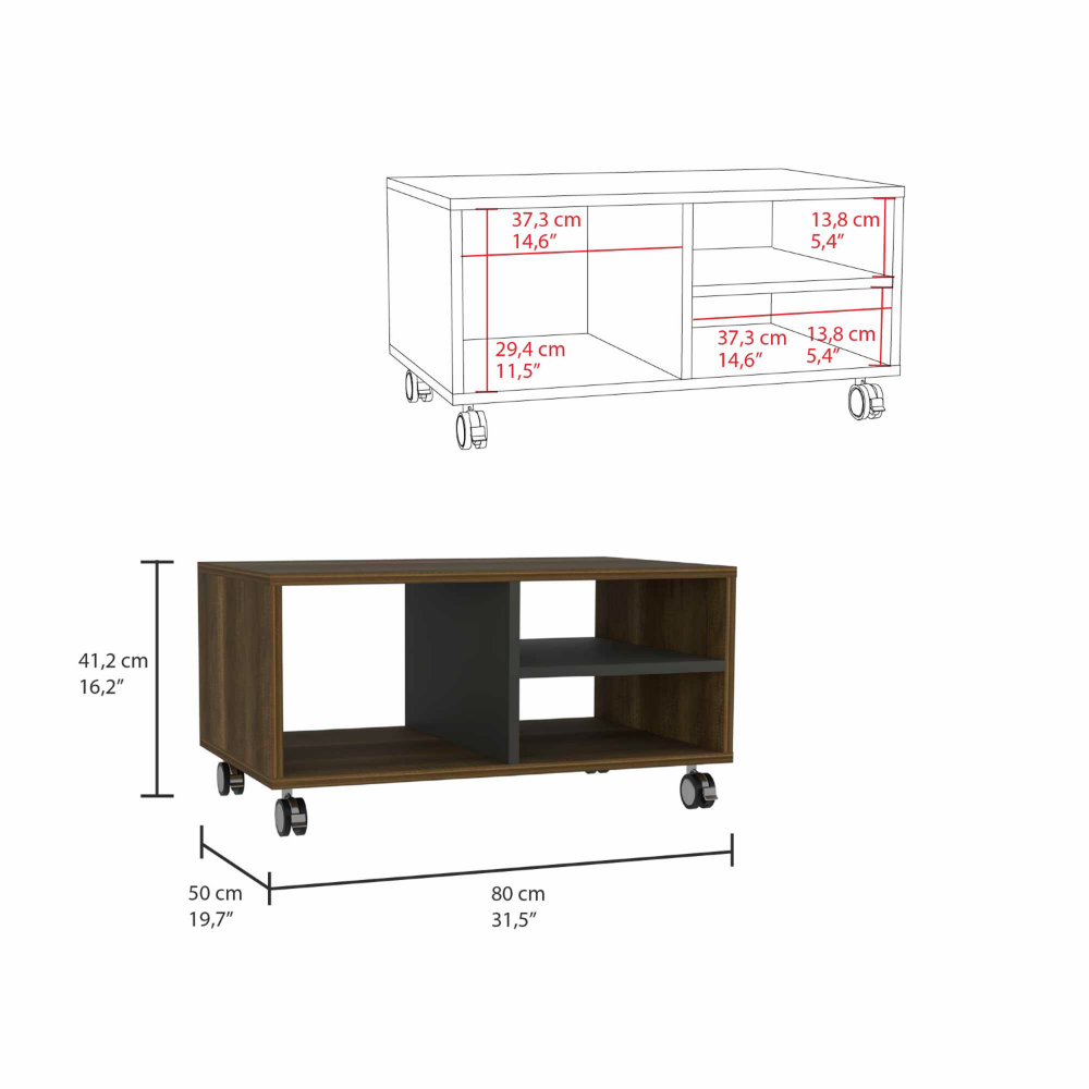 Classic Coffee Table, Three Shelves, Four Casters