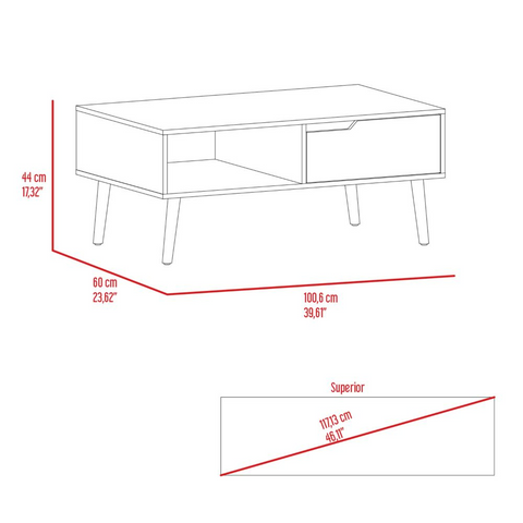 Oslo Coffee Table, One Drawer, One Open Shelf, Four Legs