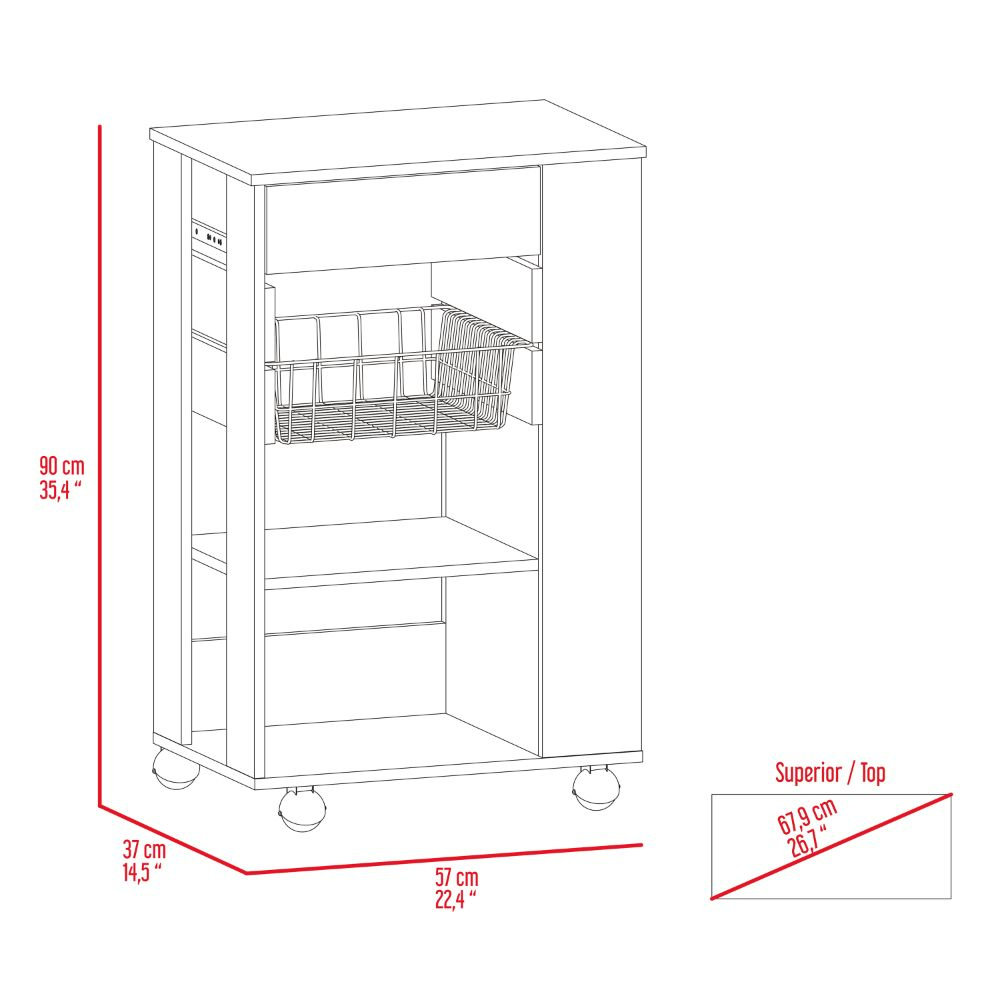 Blosson Kitchen Cart,  One Drawer, Two Open Shelves, Four Casters