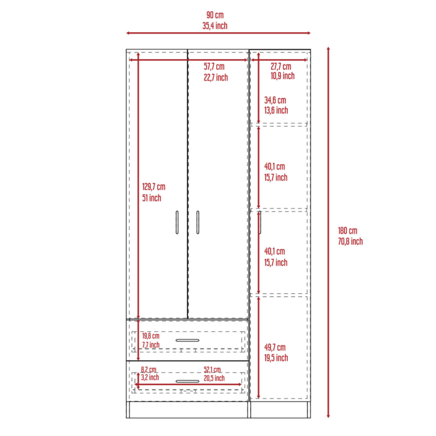 Austral 3 Doors Armoire, Metal Rod, Two Drawers, Single Door, Double Door Cabinets