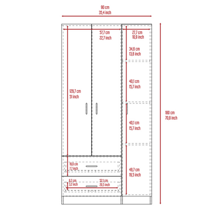 Austral 3 Doors Armoire, Metal Rod, Two Drawers, Single Door, Double Door Cabinets