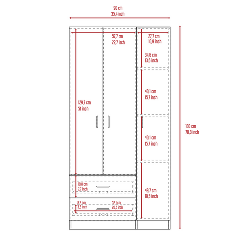 Austral 3 Doors Armoire, Metal Rod, Two Drawers, Three Door Cabinets