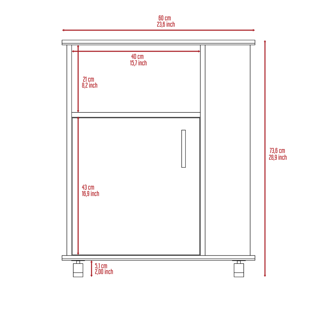 Kitchen Service Cart, Three Side  Shelves, Two Interior Shelves, Single Door Cabinet