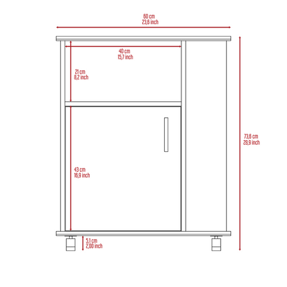 Kitchen Service Cart, Three Side  Shelves, Two Interior Shelves, Single Door Cabinet