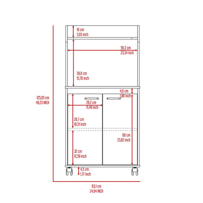 Kira Kitchen Kart, Double Door Cabinet, One Open Shelf, Two Interior Shelves