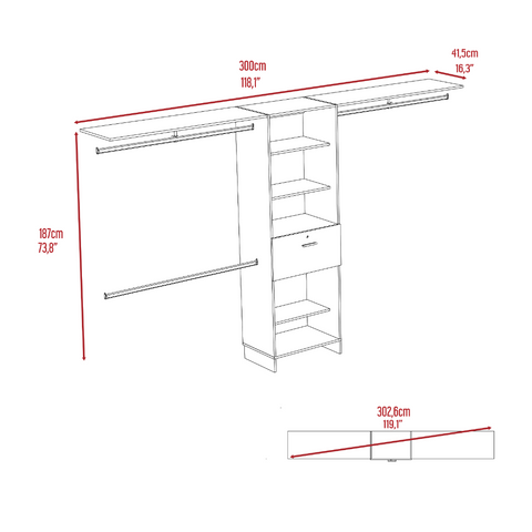 Plego 70"W - 118"W Drawers Closet System, One Drawer,Three Hanging Rods, Five Shelves