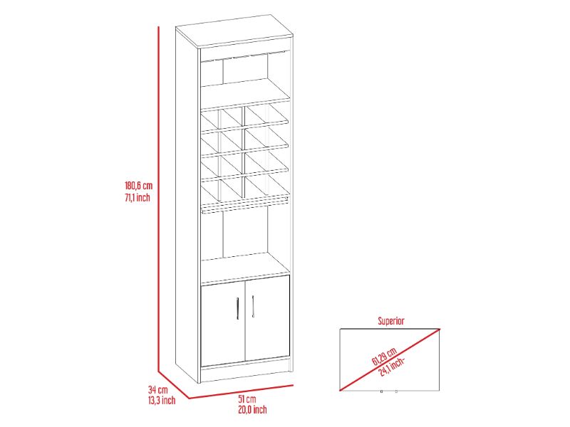 Kava Bar Cabinet, One Extendable Shelf, Sixteen Wine Cubbies, One Shelf