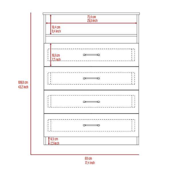 Continental Dresser, Superior Top, Four Drawers, One Shelf