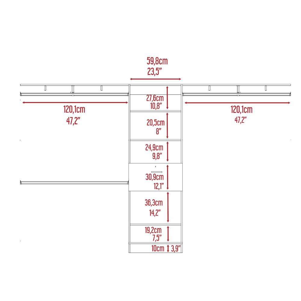 Plego 70"W - 118"W Drawers Closet System, One Drawer,Three Hanging Rods, Five Shelves