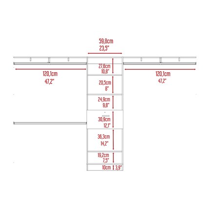 Plego 70"W - 118"W Drawers Closet System, One Drawer,Three Hanging Rods, Five Shelves