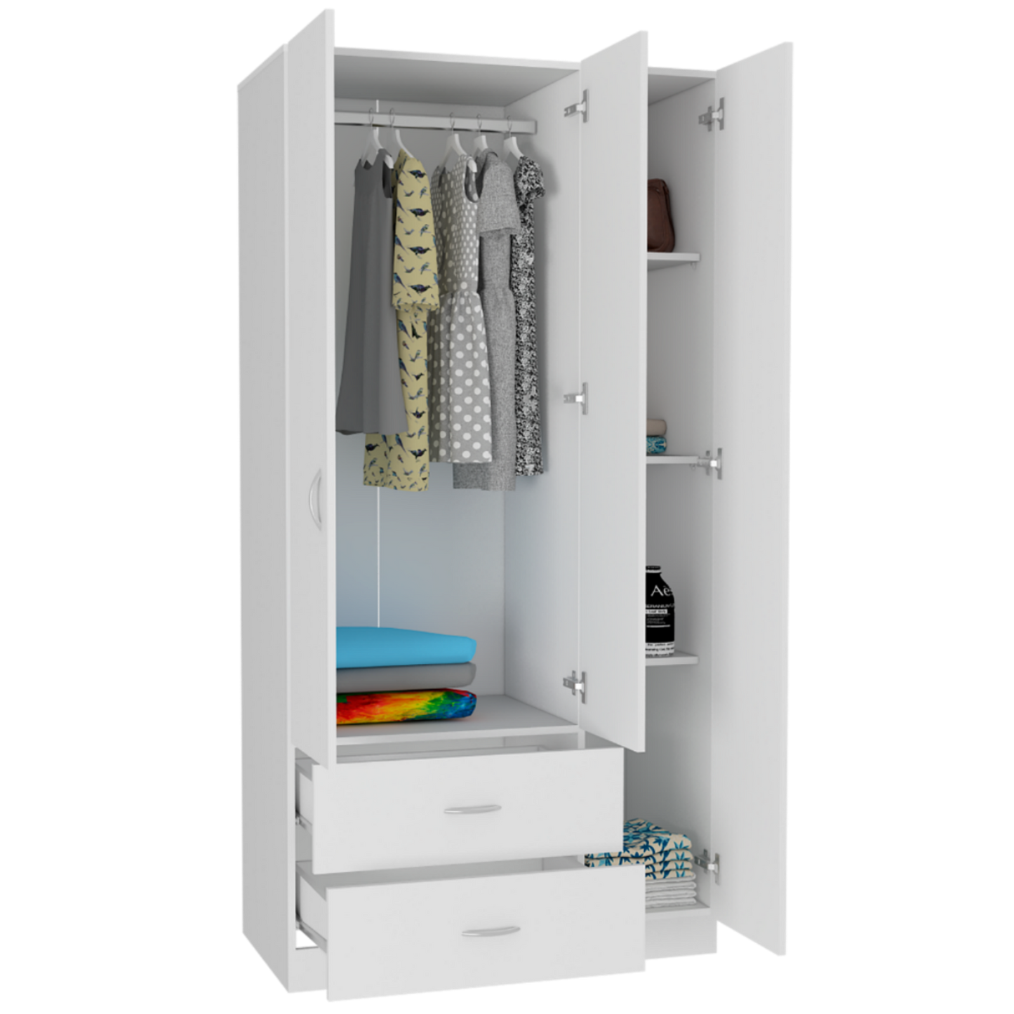 Austral 3 Doors Armoire, Metal Rod, Two Drawers, Single Door, Double Door Cabinets