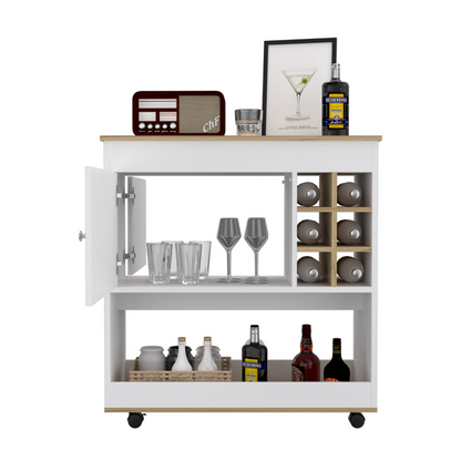 Camelia Bar Cart, Lower Panel, Six Bottle Cubbies, One Cabinet