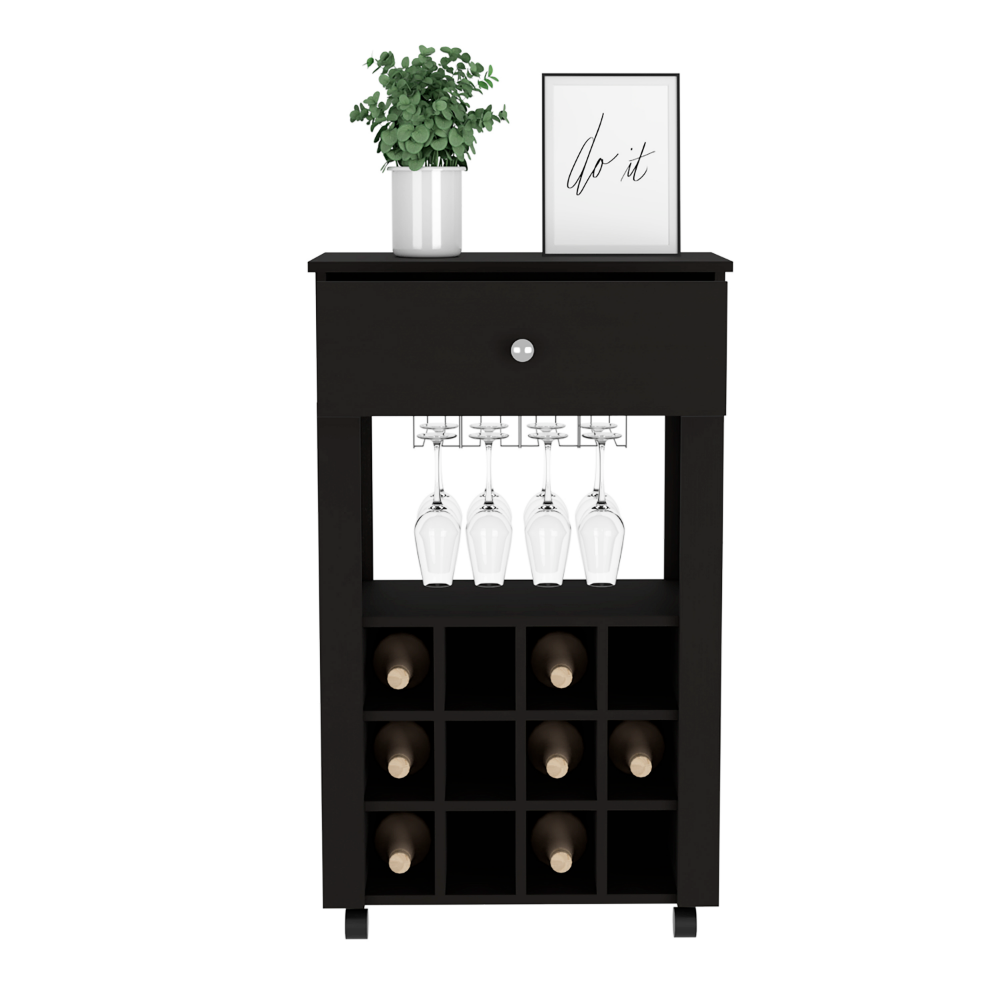 Memphis Bar Cart, Twelve Wine Cubbies, Four Legs, One Open Shelf