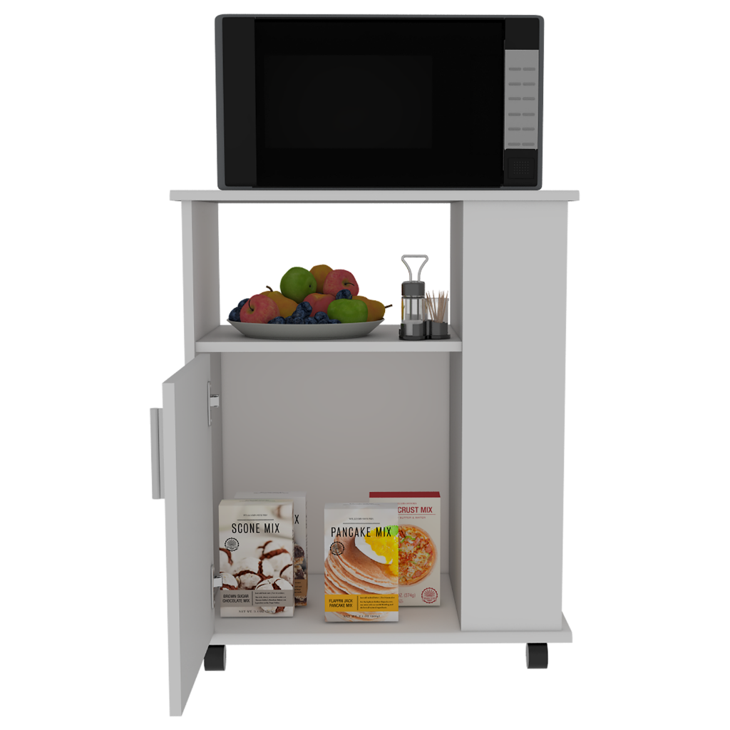 Kitchen Service Cart, Three Side  Shelves, Two Interior Shelves, Single Door Cabinet