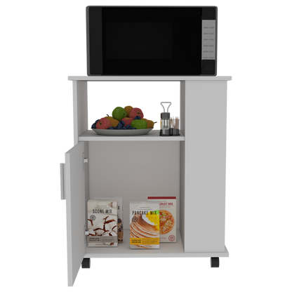 Kitchen Service Cart, Three Side  Shelves, Two Interior Shelves, Single Door Cabinet