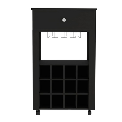 Memphis Bar Cart, Twelve Wine Cubbies, Four Legs, One Open Shelf