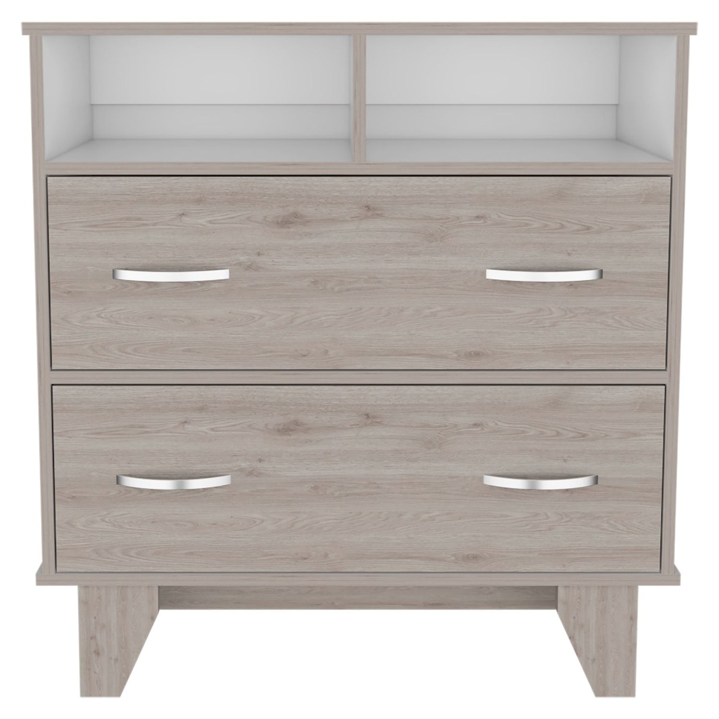 Gentile Double Drawer Dresser, Two Open Shelves, Superior Top