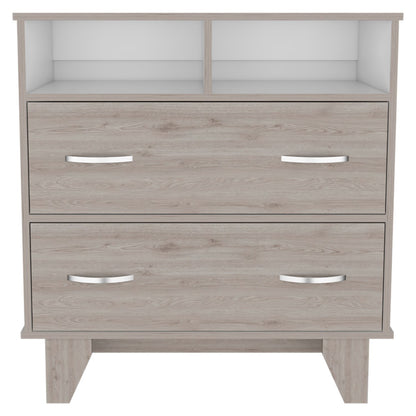 Gentile Double Drawer Dresser, Two Open Shelves, Superior Top