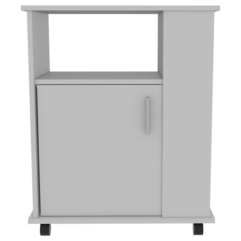 Kitchen Service Cart, Three Side  Shelves, Two Interior Shelves, Single Door Cabinet