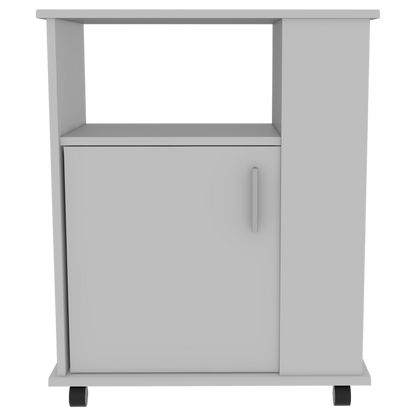 Kitchen Service Cart, Three Side  Shelves, Two Interior Shelves, Single Door Cabinet