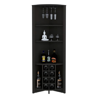 Essential Corner Bar Cabinet , Three Shelves, Eight Wine Cubbies, Two Side Shelves