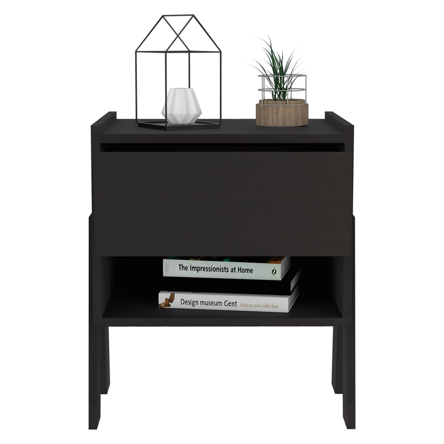 Joy Nightstand, Four Legs, Open Shelf, One Drawer