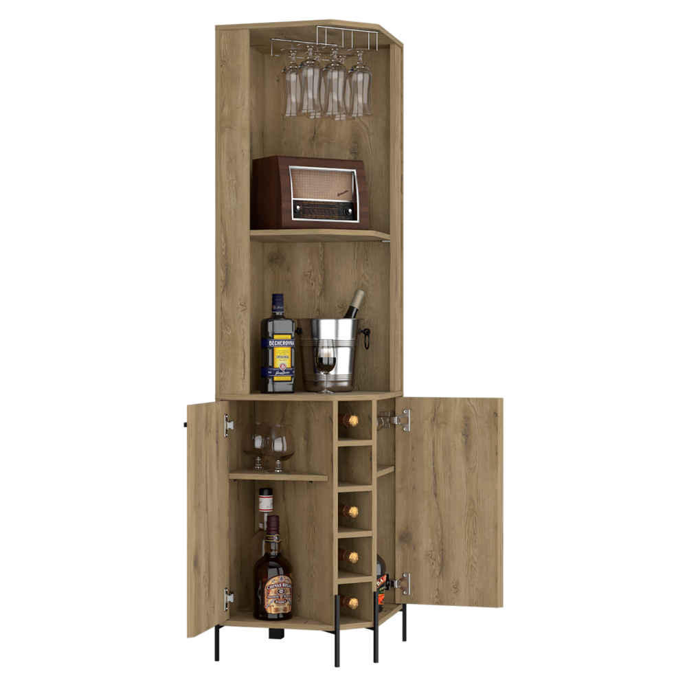 Shangai Corner Bar Cabinet, Two Shelves, Five Wine Cubbies