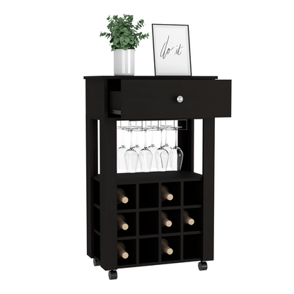 Memphis Bar Cart, Twelve Wine Cubbies, Four Legs, One Open Shelf