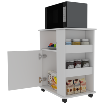 Kitchen Service Cart, Three Side  Shelves, Two Interior Shelves, Single Door Cabinet